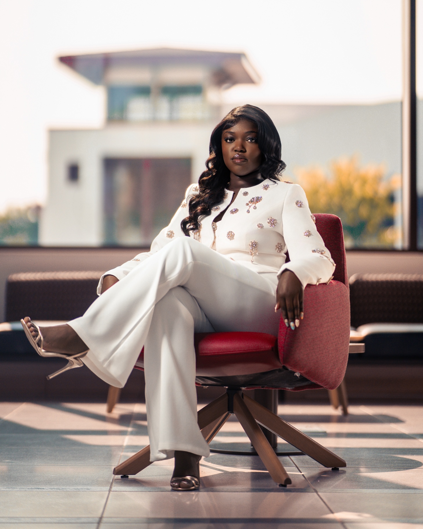 White suit rooftop portrait — golden hour