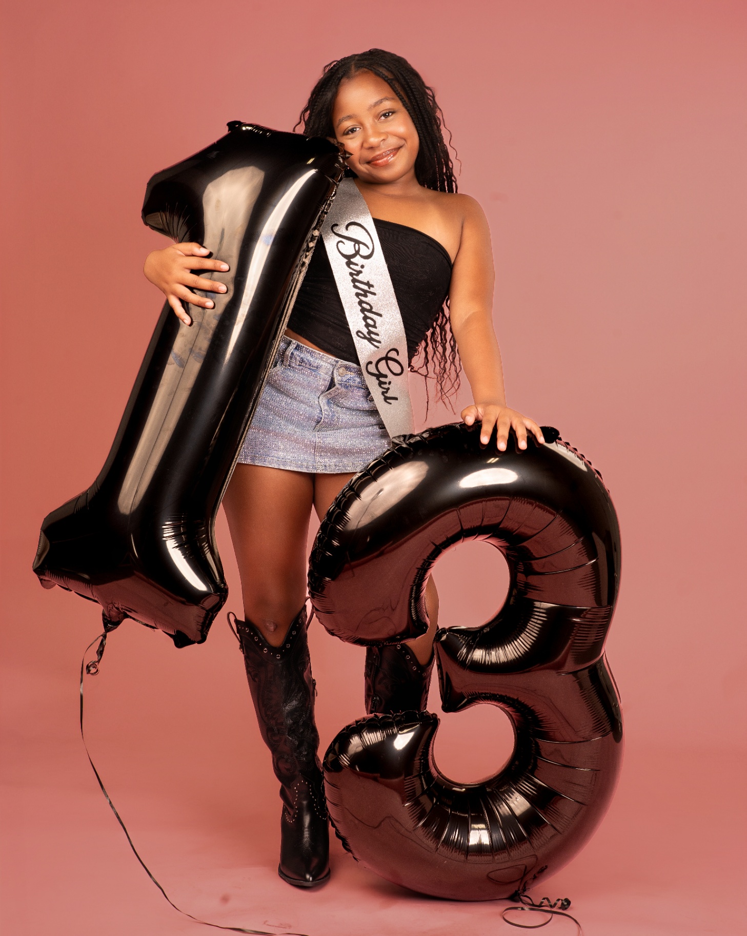13th birthday sash portrait with balloons