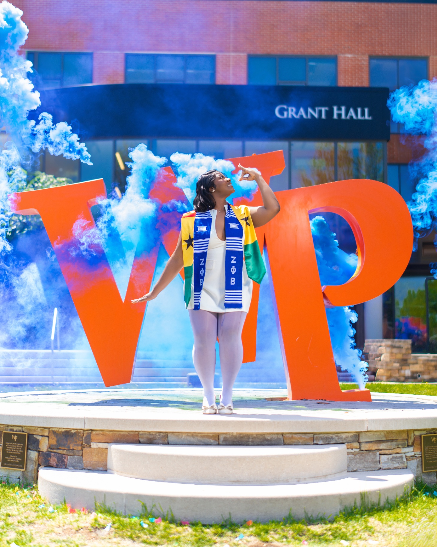 Zeta grad with blue smoke at WP letters — Grant Hall