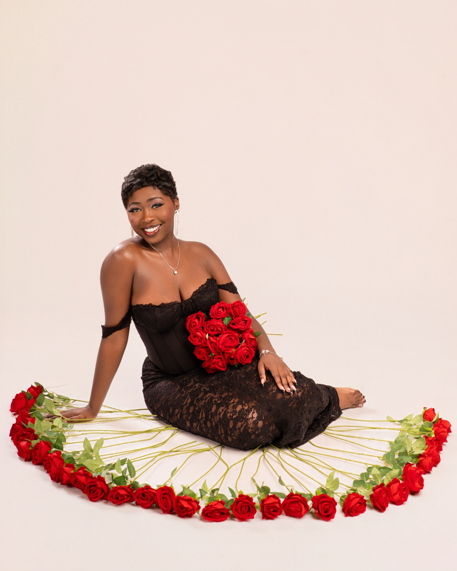 Black corset gown with rose halo